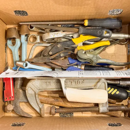 Box of Assorted Tools Including Clamp
