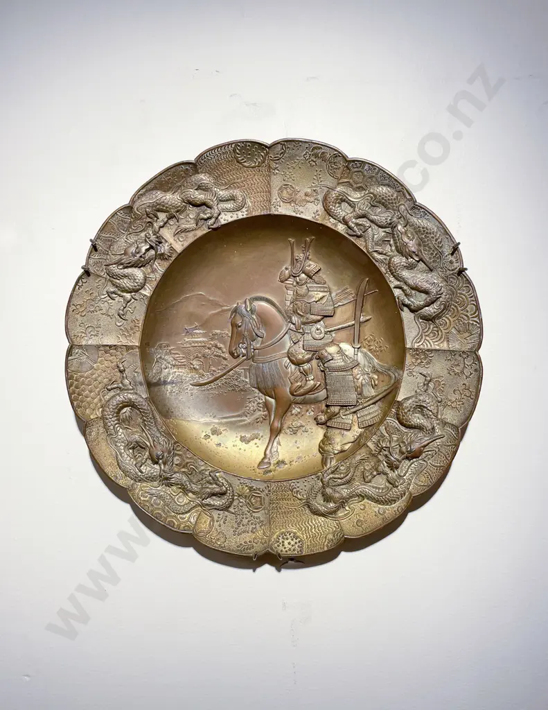 Japanese Metal Wall Hanging Charger Depicting A Samurai on Horseback in Relief Image 1++