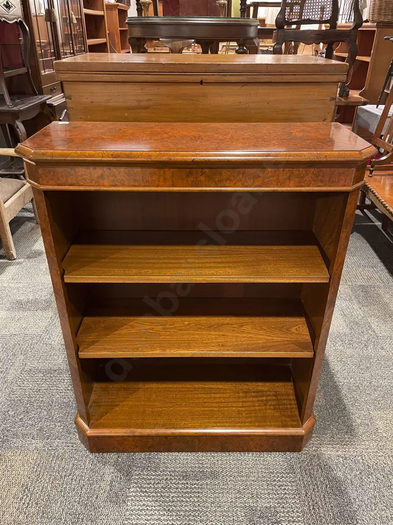 Reproduction Burr Walnut & Mahogany Open Bookcase Image 1++