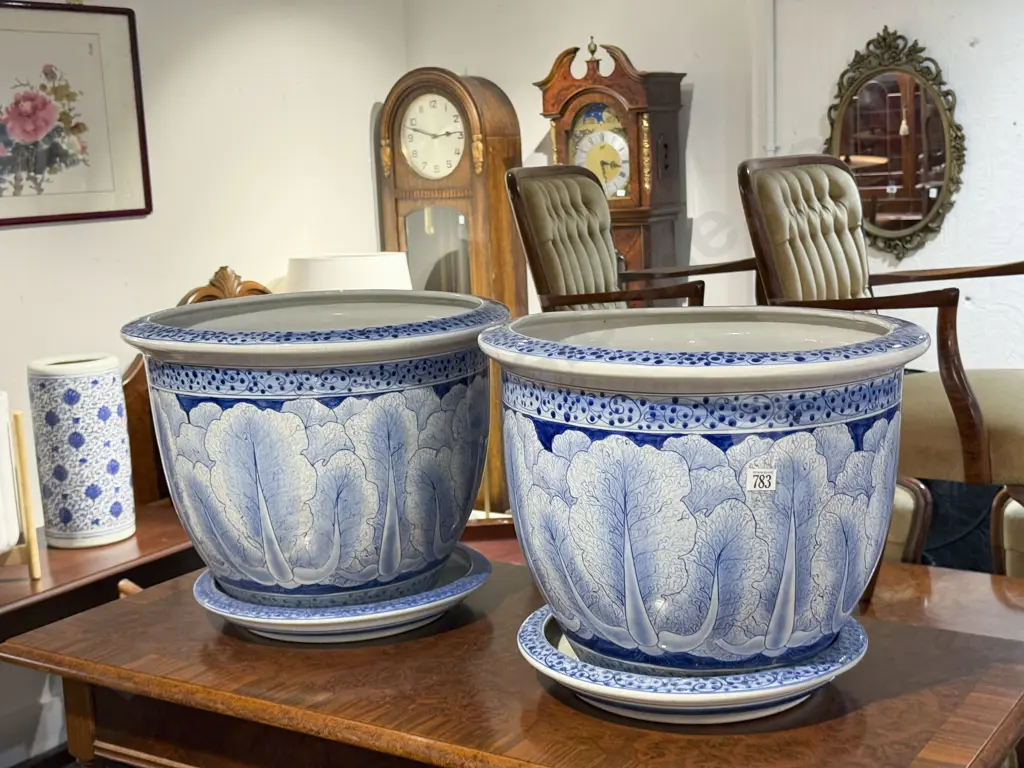 Pair of Blue & White Ceramic Planters with Trays Image 1++