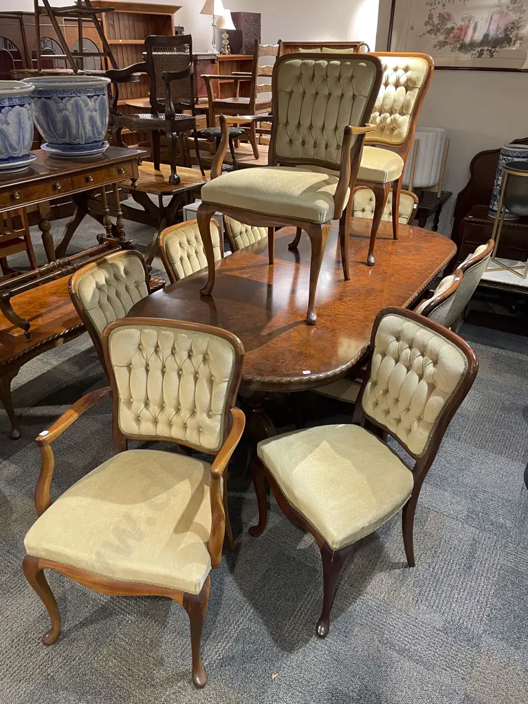 Reproduction Burr Walnut & Mahogany D-End Extension Dining Table with Ten Dining Chairs Image 1++