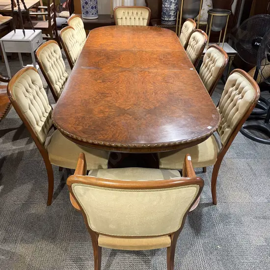 Reproduction Burr Walnut & Mahogany D-End Extension Dining Table with Ten Dining Chairs
