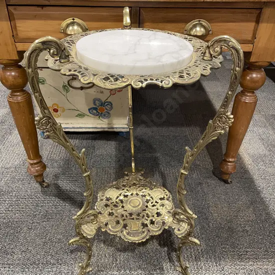 Brass Two-Tier Plant Stand with Marble Insert to Top