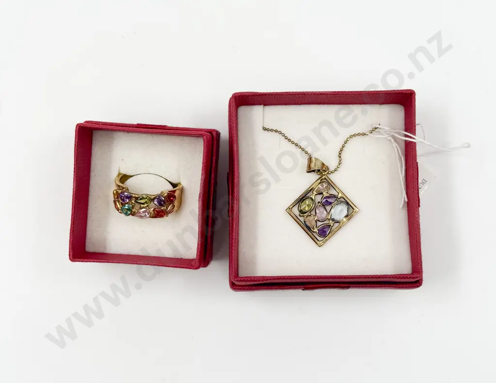 Sterling Silver Multi Coloured Gem Pendant on Neck Chain with Matching Ring Image 1++