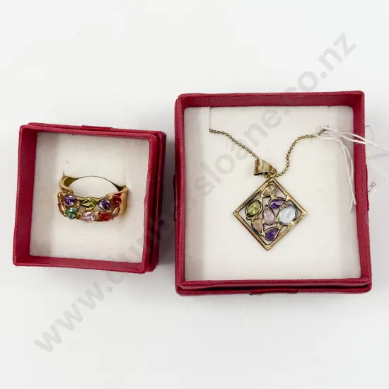 Sterling Silver Multi Coloured Gem Pendant on Neck Chain with Matching Ring