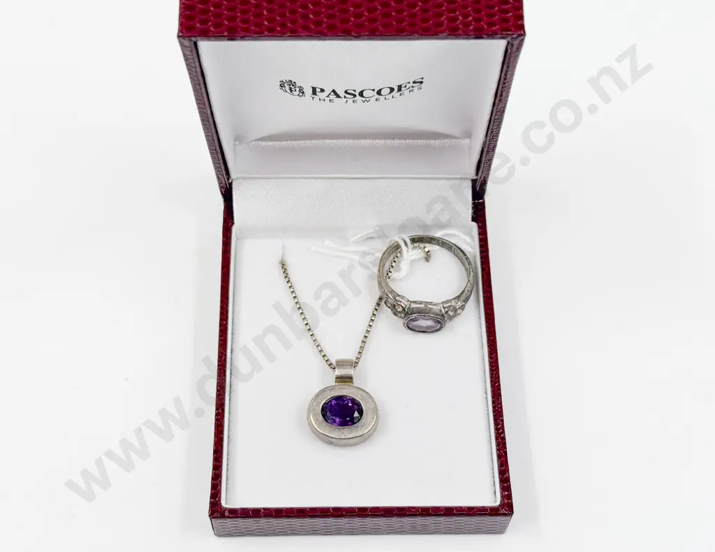 Sterling Silver Single Stone Amethyst Pendant on Neck Chain and Ring Image 1++