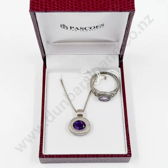 Sterling Silver Single Stone Amethyst Pendant on Neck Chain and Ring