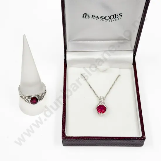 Sterling Silver Single Gemstone and Diamond Paste Pendant on Neck Chain and Ring