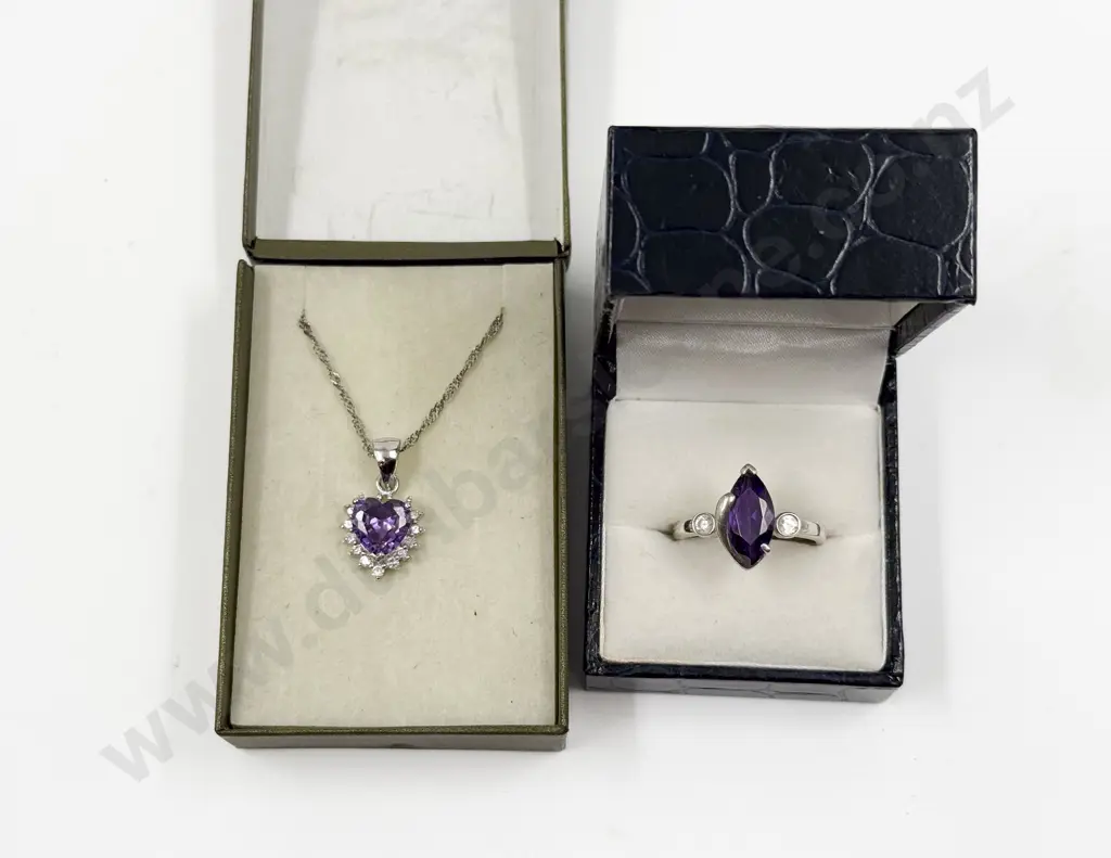 Sterling Silver Gemstone Heart Pendant on Neck Chain and Ring Image 1++