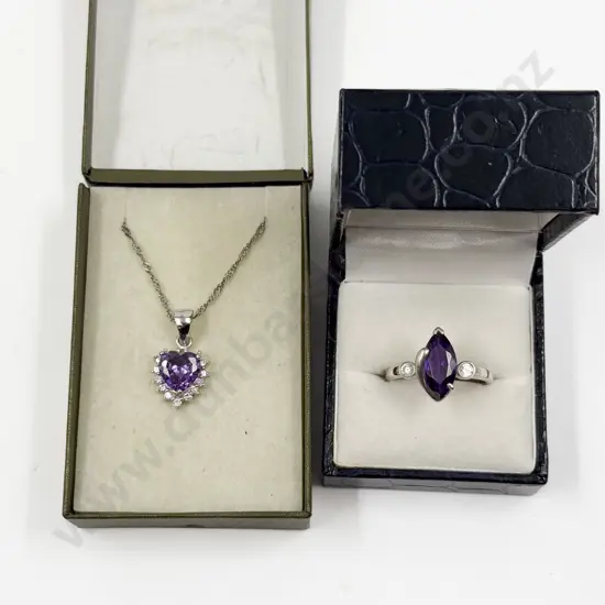 Sterling Silver Gemstone Heart Pendant on Neck Chain and Ring