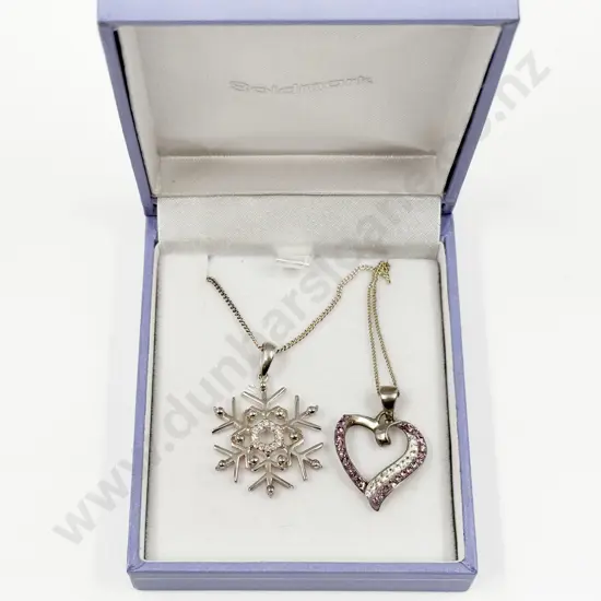 Sterling Silver and Cubic Zirconia Snowflake and Heart Pendants on Neck Chain