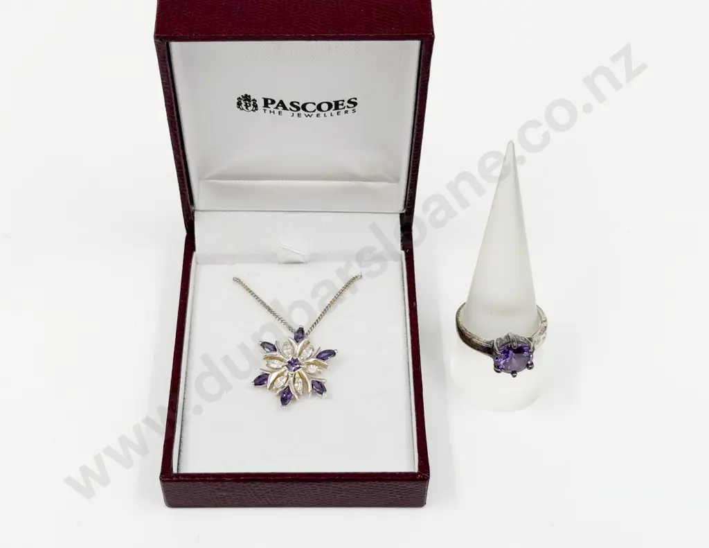 Sterling Silver and Cubic Zirconia Floral Pendant on Neck Chain and Ring Image 1++