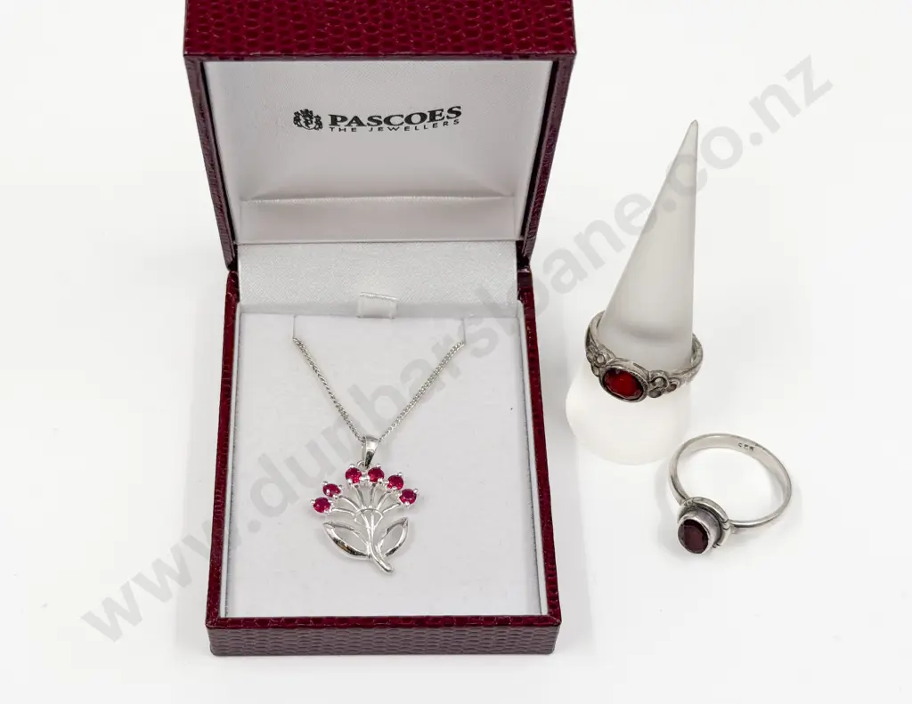 Sterling Silver Red Cubic Zirconia Pohutukawa Pendant on Neck Chain and Two Rings Image 1++