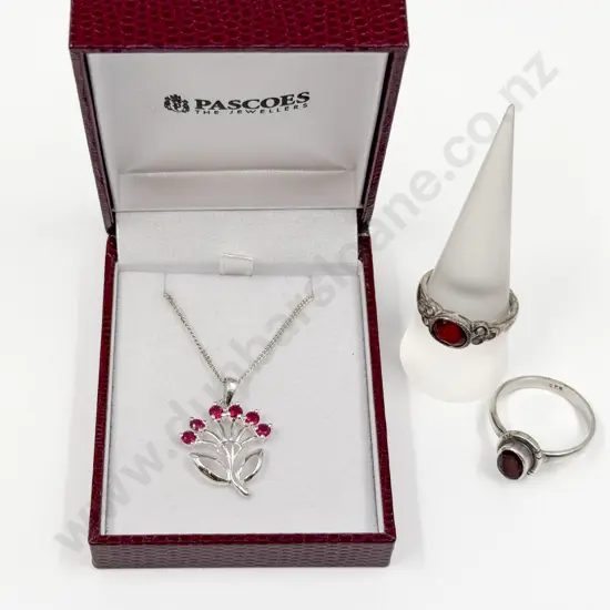 Sterling Silver Red Cubic Zirconia Pohutukawa Pendant on Neck Chain and Two Rings
