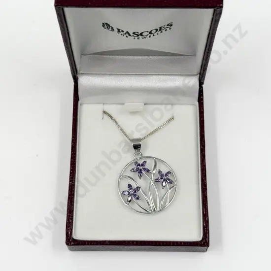 Sterling Silver Purple Cubic Zirconia Floral Pendant on Neck Chain