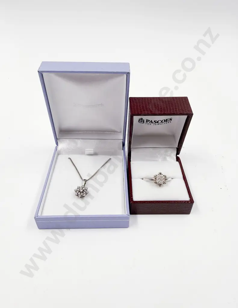 Sterling Silver Cubic Zirconia Cluster Pendant on Chain and Snowflake Ring Image 1++