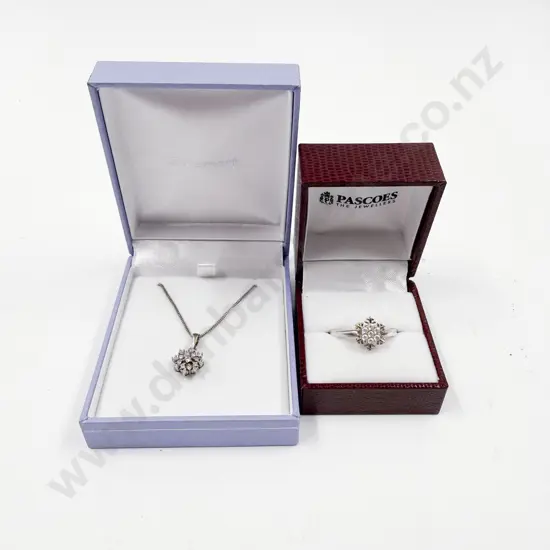 Sterling Silver Cubic Zirconia Cluster Pendant on Chain and Snowflake Ring