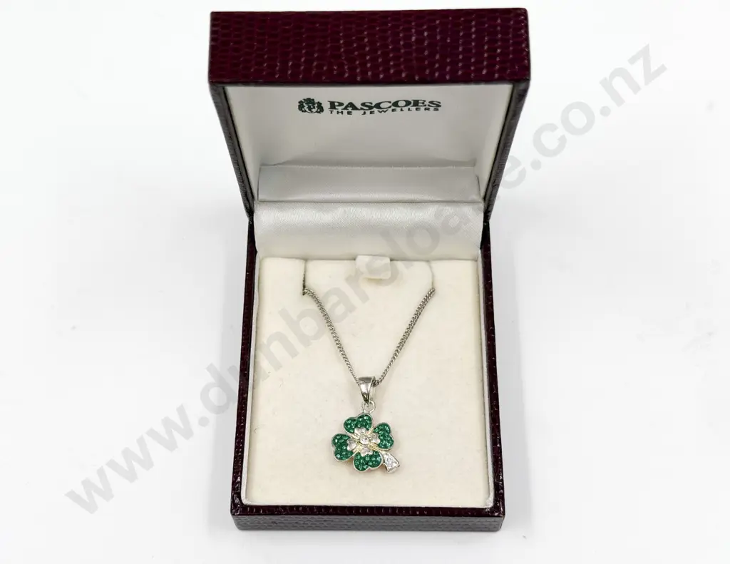 Sterling Silver and Cubic Zirconia Four Leaf Clover Pendant on Neck Chain Image 1++
