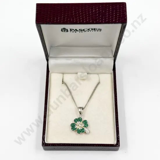Sterling Silver and Cubic Zirconia Four Leaf Clover Pendant on Neck Chain