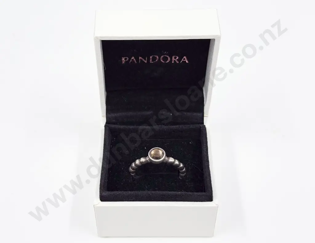 Pandora Sterling Silver Single Stone Smoky Quartz Beaded Band Ring Image 1++