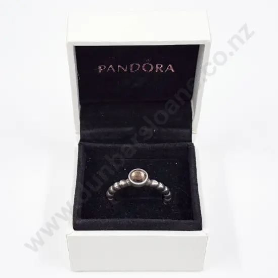 Pandora Sterling Silver Single Stone Smoky Quartz Beaded Band Ring