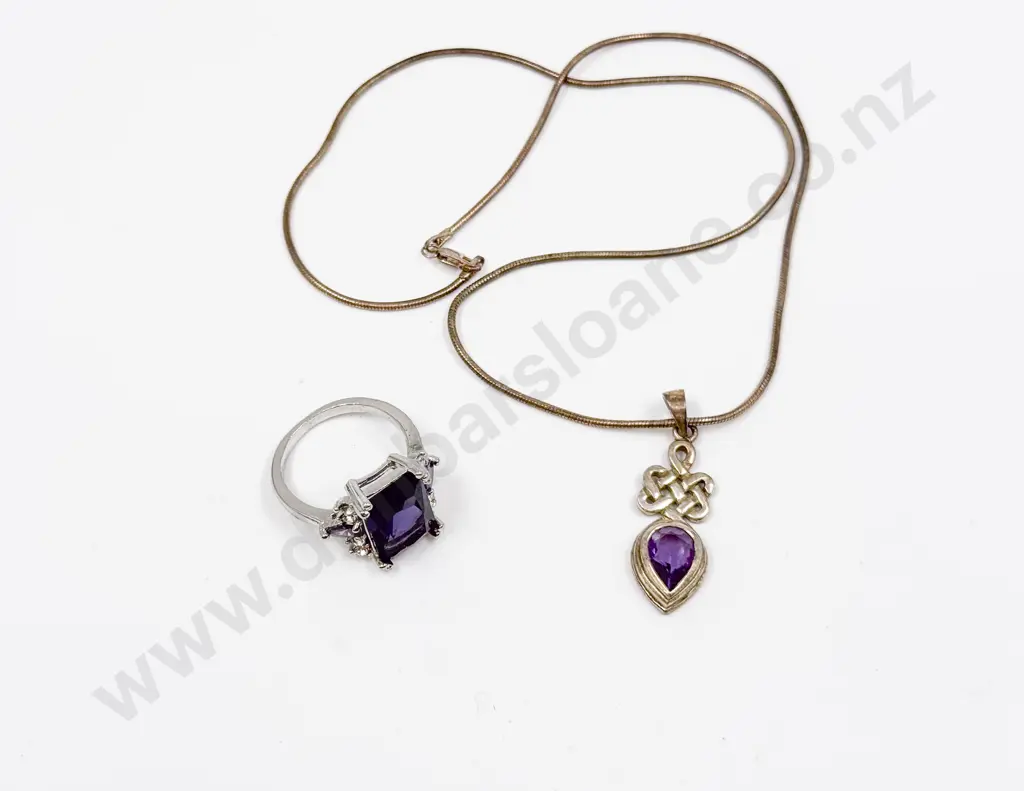 Sterling Silver Single Stone Amethyst Pendant on Chain with Dress Ring Image 1++