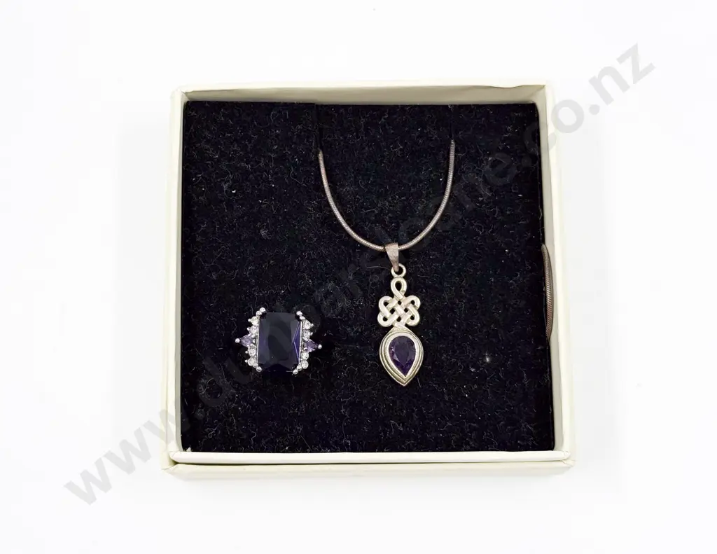 Sterling Silver Single Stone Amethyst Pendant on Chain with Dress Ring Image 1++
