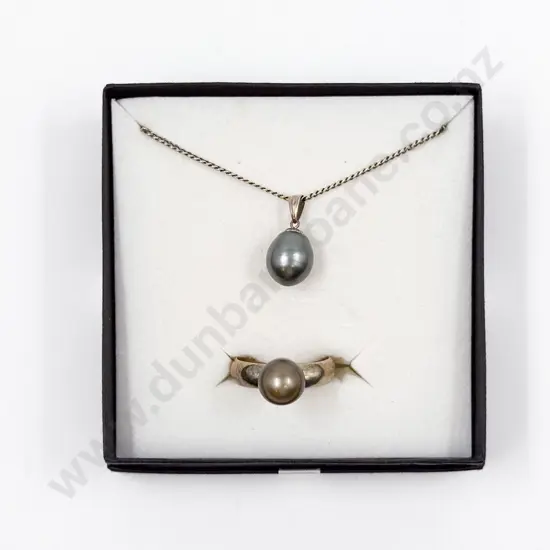 Sterling Silver Black Pearl Pendant on Chain and Ring