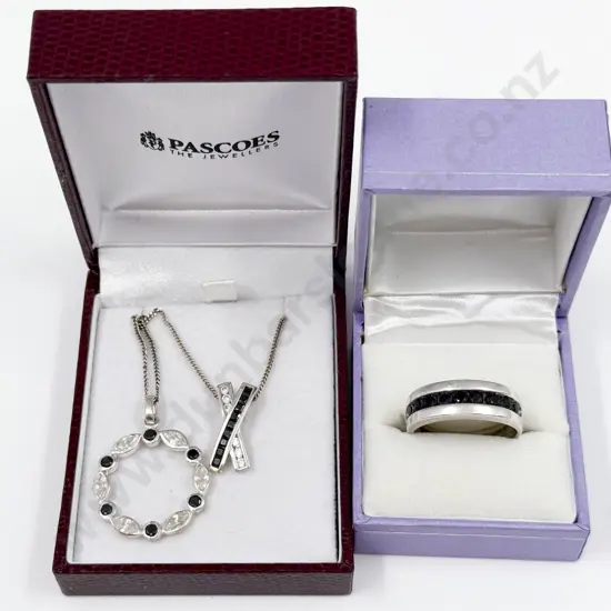 Two Sterling Silver Black and White Cubic Zirconia Pendants on Neck Chain and Ring