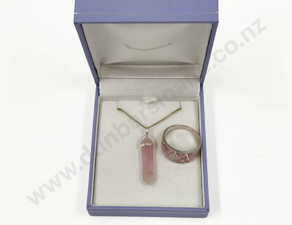 S/S Mounted Rose Quartz Crystal Pendant on Chain with Band Ring Image 1++