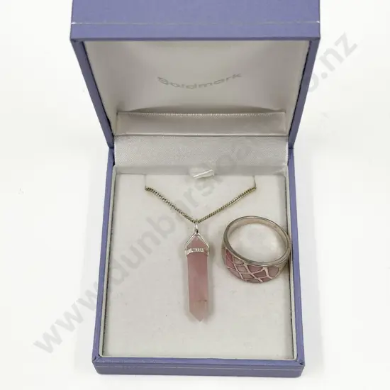 S/S Mounted Rose Quartz Crystal Pendant on Chain with Band Ring