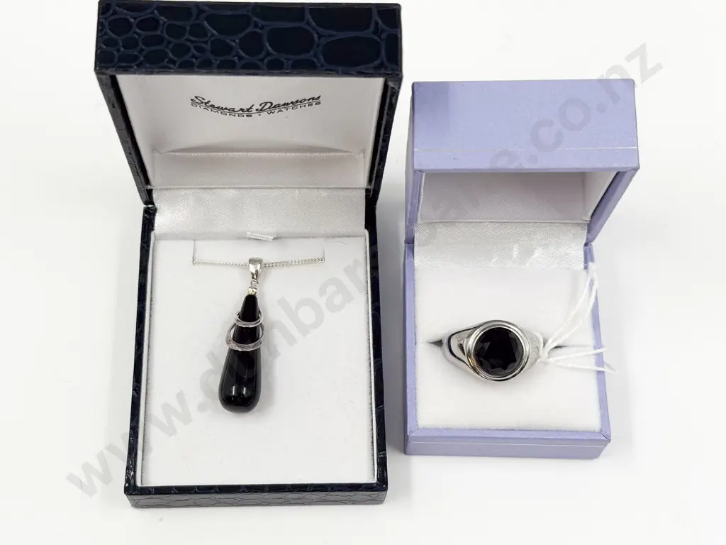 S/S Mounted Onyx Pendant on Neck Chain and Stainless Steel Signet Ring Image 1++