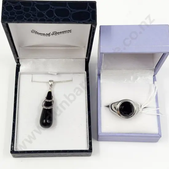 S/S Mounted Onyx Pendant on Neck Chain and Stainless Steel Signet Ring