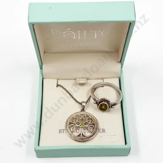Sterling Silver Single Stone Peridot Tree of Life Pendant on Chain with Peridot Ring