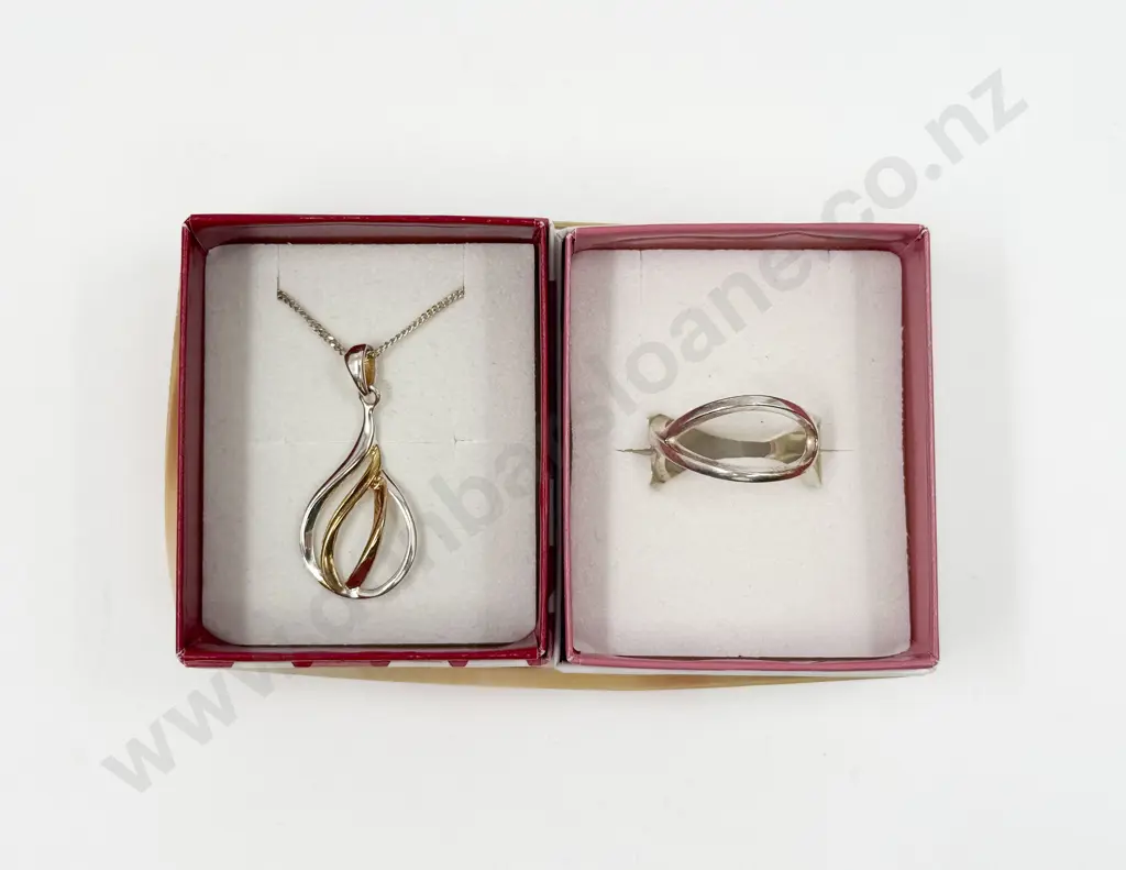 Sterling Silver and Gold Plated Pendant Drop Necklace and Crisscross Ring Image 1++