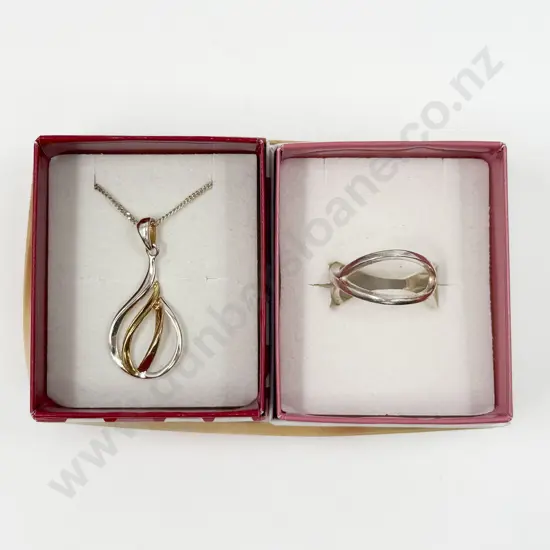 Sterling Silver and Gold Plated Pendant Drop Necklace and Crisscross Ring