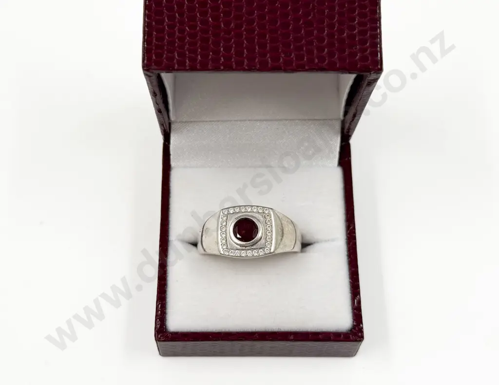 Sterling Silver Garnet and Cubic Zirconia Signet Ring Image 1++
