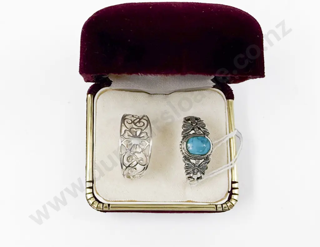 Sterling Silver Single Stone Turquoise Ring and Scroll Band Ring Image 1++