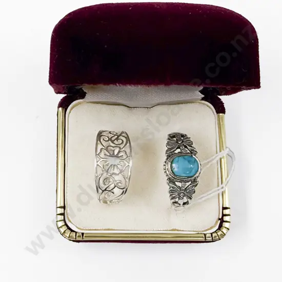 Sterling Silver Single Stone Turquoise Ring and Scroll Band Ring