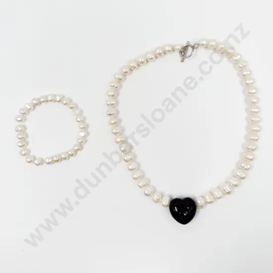Single Strand Fresh Water Pearl Necklace with Onyx Heart Pendant and Matching Bracelet