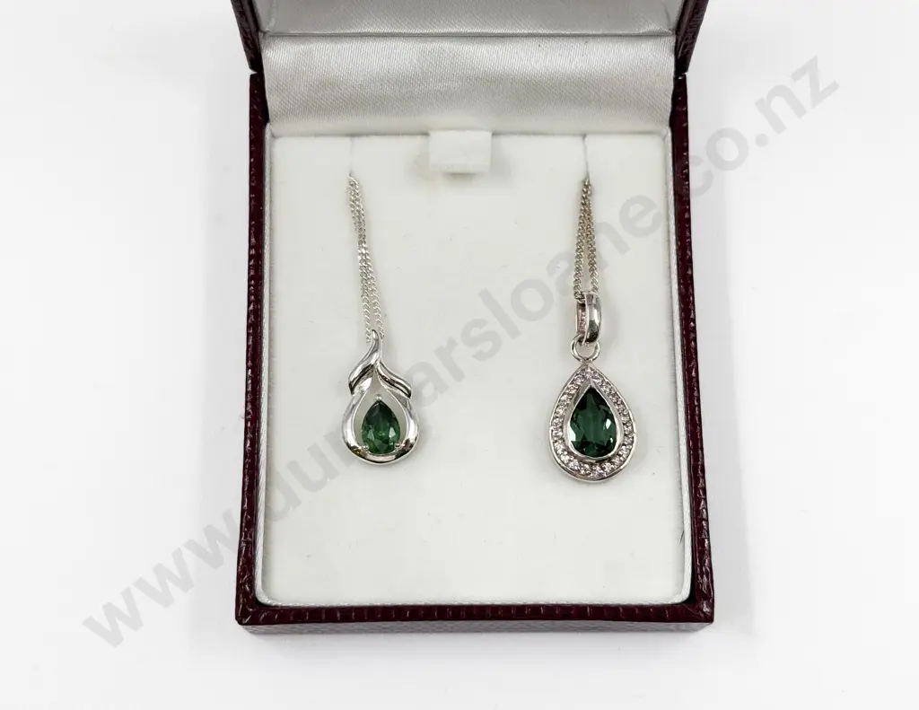 Two Sterling Silver Green and White Cubic Zirconia Pendants on Neck Chain Image 1++