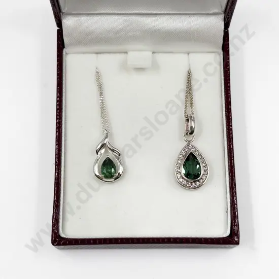 Two Sterling Silver Green and White Cubic Zirconia Pendants on Neck Chain