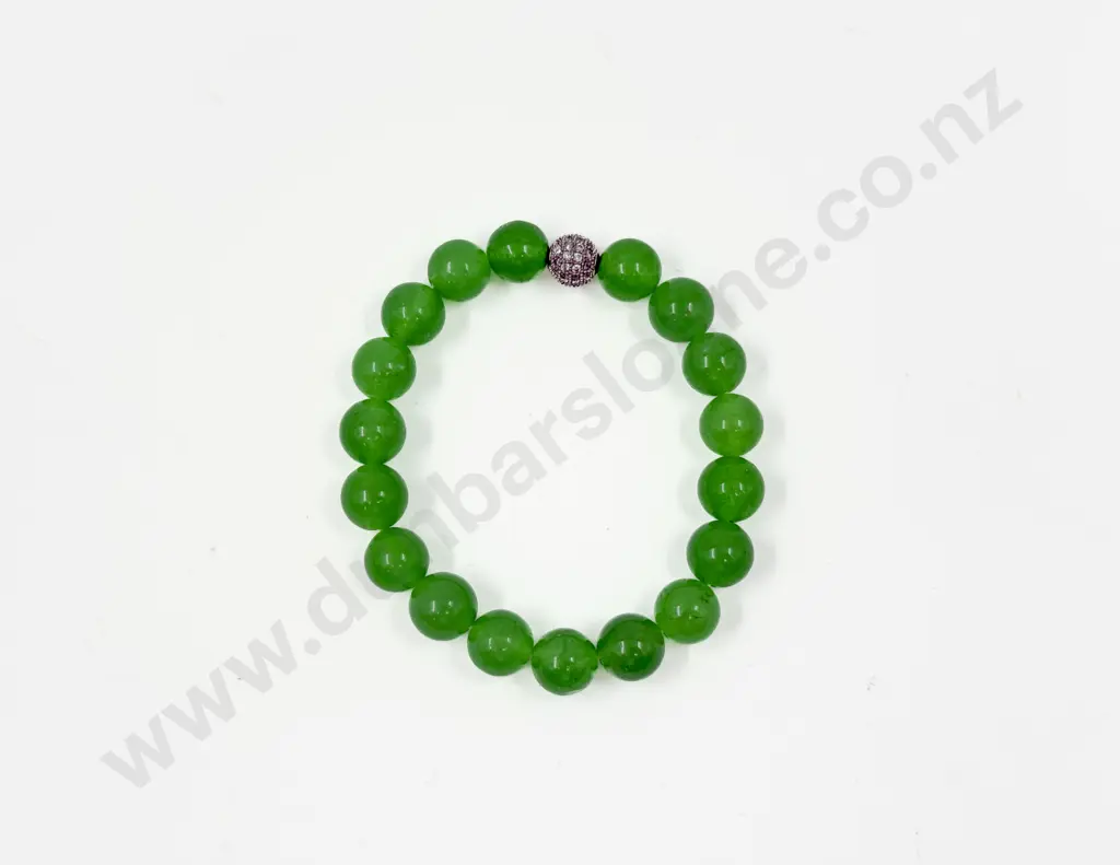 Single Strand Green Jade and Diamanté Bead Bracelet Image 1++