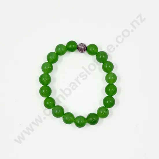 Single Strand Green Jade and Diamanté Bead Bracelet