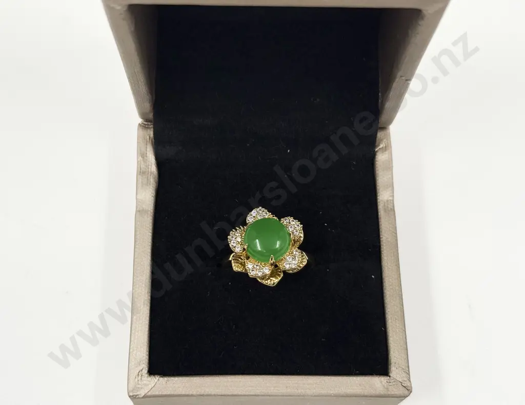 Gold Plated Jade and Diamanté Floret Cluster Fidget Ring Image 1++