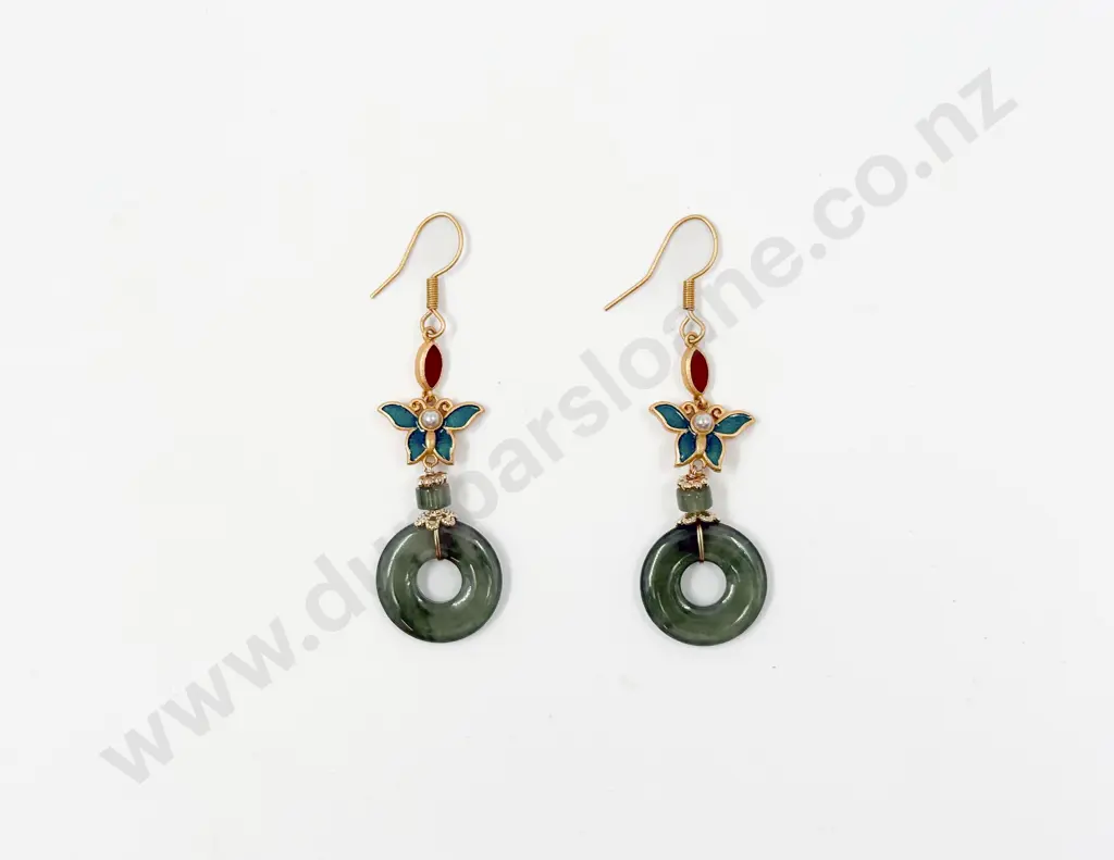 Jade and Butterfly Pendant Drop Earrings Image 1++