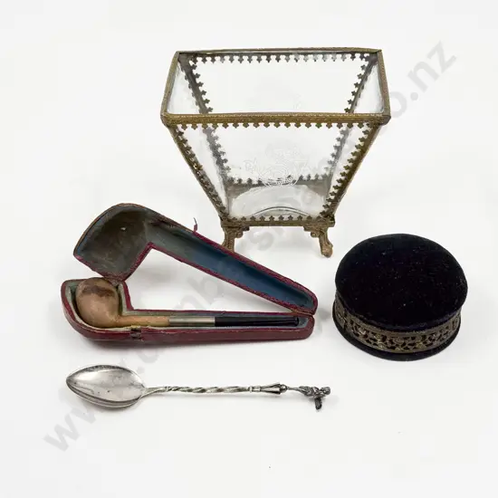 Antique Display Case with Sterling Silver Cherub Spoon Vintage Cased Pipe and Other