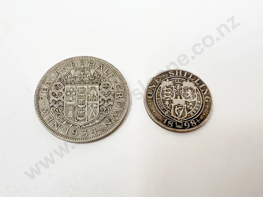 UK 1898 Silver Shilling and NZ 1934 Half Crown Image 1++