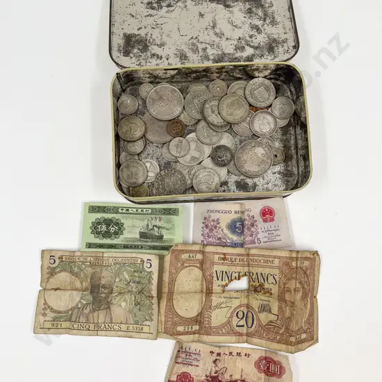 Qty Pre-1947 NZ AU and US some silver content coinage with vintage bank notes