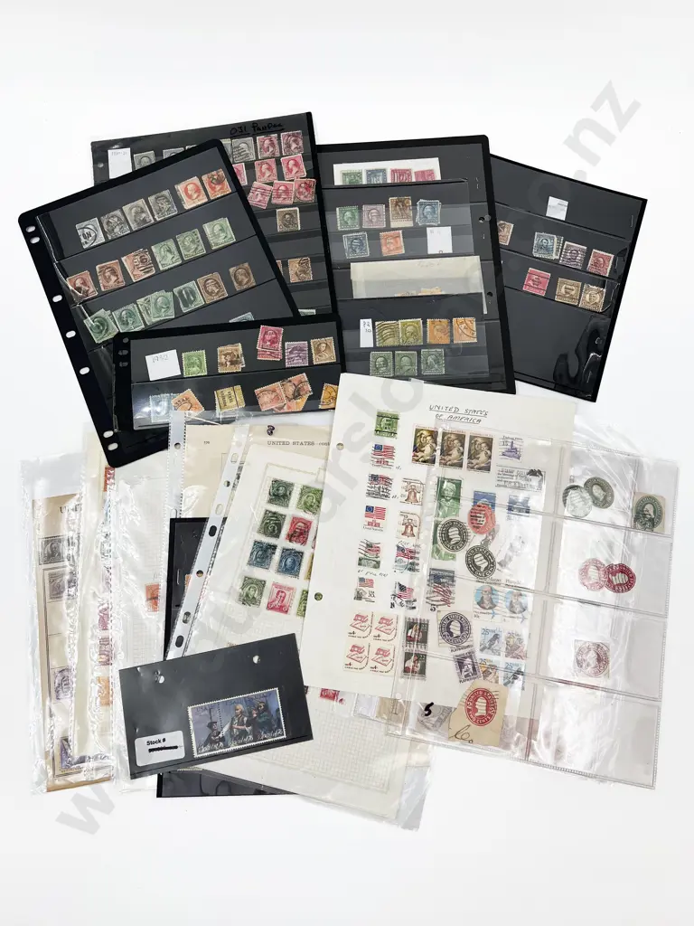 Vintage USA 12 Loose Stock Book Pages of Stamps and Two Stock Book Albums Image 1++